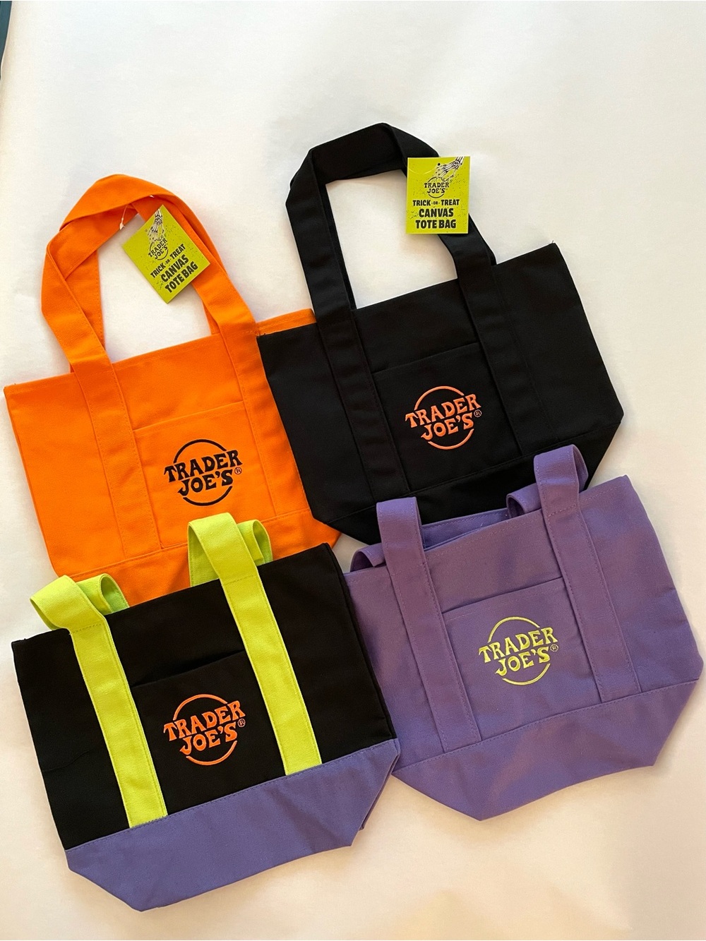Trader Joe's Halloween Mini Totes— Black, Orange, Purple, Multicolored